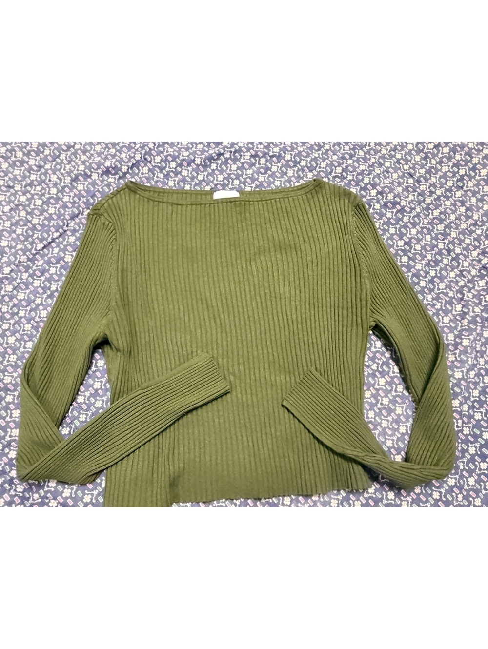 Olive Green Ribbed Boat Neck Long Sleeve Top Size Large L
